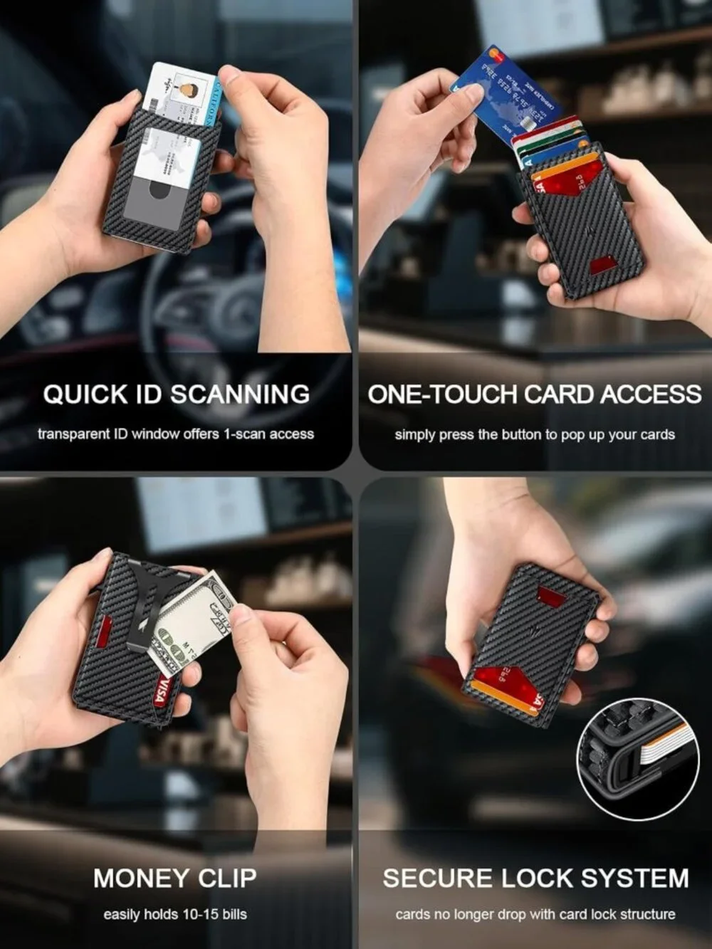 Slim Minimalist Wallet for Men, RFID Blocking, Money Clip & ID Window, Front